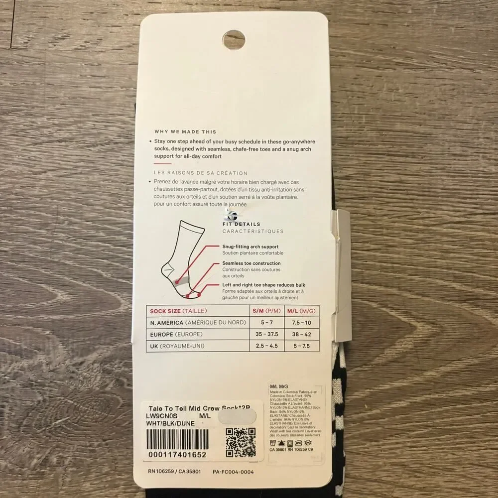 Lululemon Tale to Tell Crew Socks 2 Pack White Black M/L
